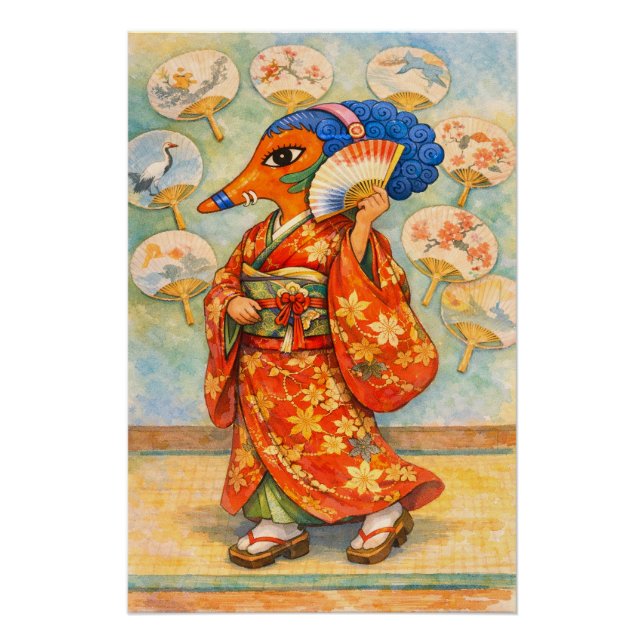 Poster Kitsune en kimono avec des roses – Esprit renard j (Devant)