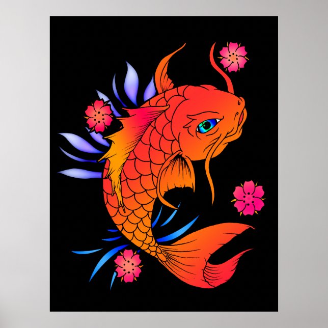 Poster koi poissons et fleurs (Devant)