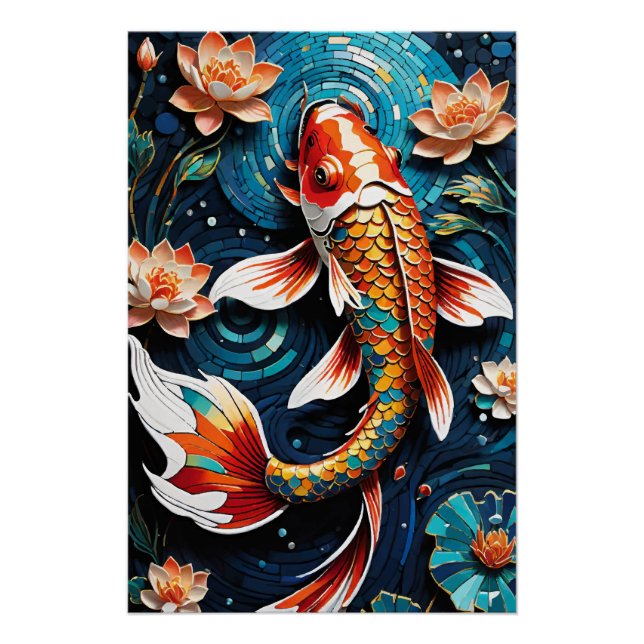 Poster Koi vibrant et de belles fleurs scène aquatique (Devant)