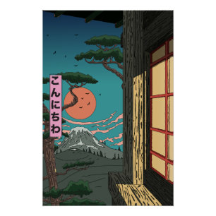 Poster Konnichiwa Soleil Couchant Japonais