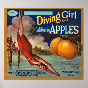 Poster KRW Vintage Diving Girl Apple Fruit Crate Étiquett