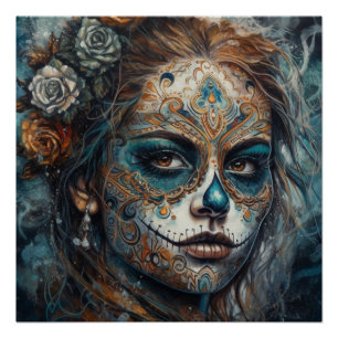 Poster La Catrina Azul Dia de los Muertos Crâne de Sucre