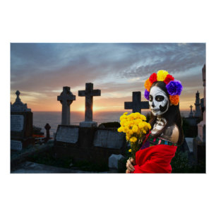 Poster La Catrina dans le cimetière pour Halloween