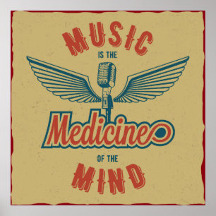 Poster La musique est la médecine Retro Vintage Wallart
