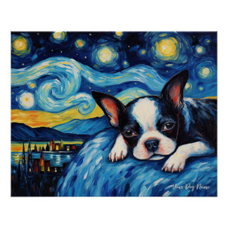 Poster La nuit étoilée - Boston Terrier Dog 003 - Qian w