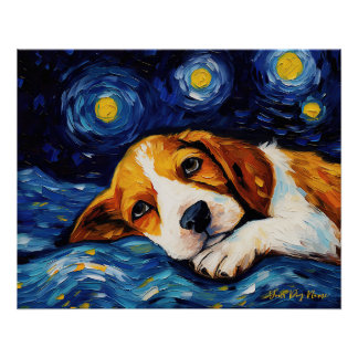 Poster La nuit étoilée - Chien Beagle 001 - Qian wan Gogh