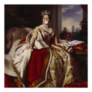 POSTER LA REINE VICTORIA SOUFFLANT UN BUBBLE GUM ROSE  