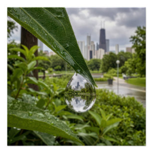 Poster La ville de Chicago reflétée dans une goutte de pl