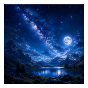 Poster Lac de montagne majestueux sous un ciel étoilé