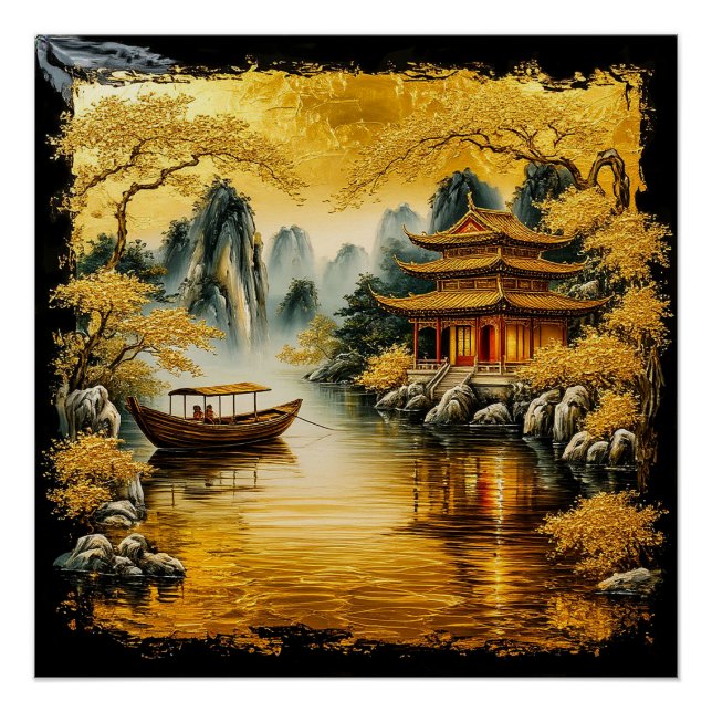 Poster Lac doré oriental avec une pagode (Devant)