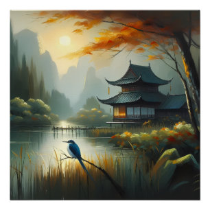 Poster Lac Japon Oiseau 1 - Toile