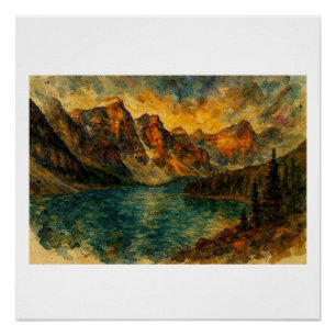 Poster Lac Moraine au coucher du soleil,