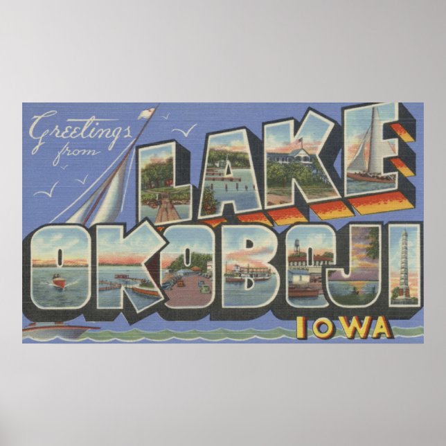 Poster Lac Okoboji, Iowa - Scènes de grandes lettres (Devant)