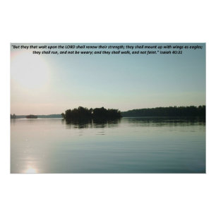 Poster Lac paisible et arbres lointains avec écriture