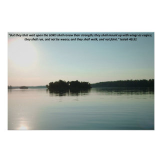 Poster Lac paisible et arbres lointains avec écriture
