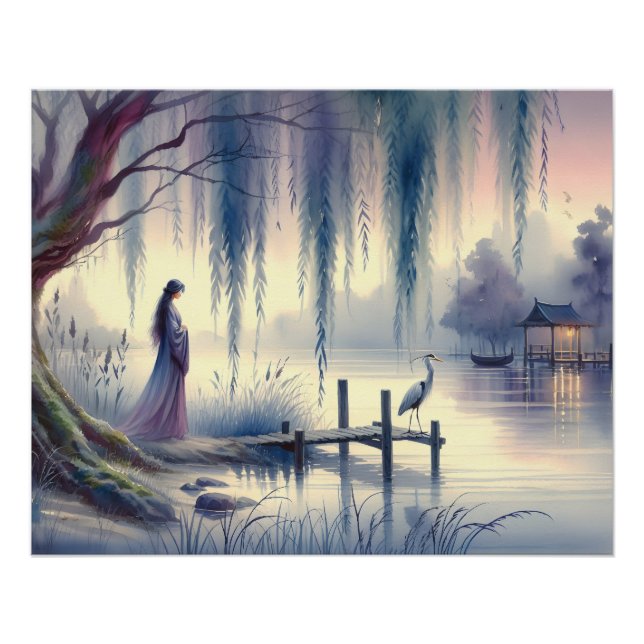 Poster Lac Serene Imaginaire avec saule et héron (Devant)