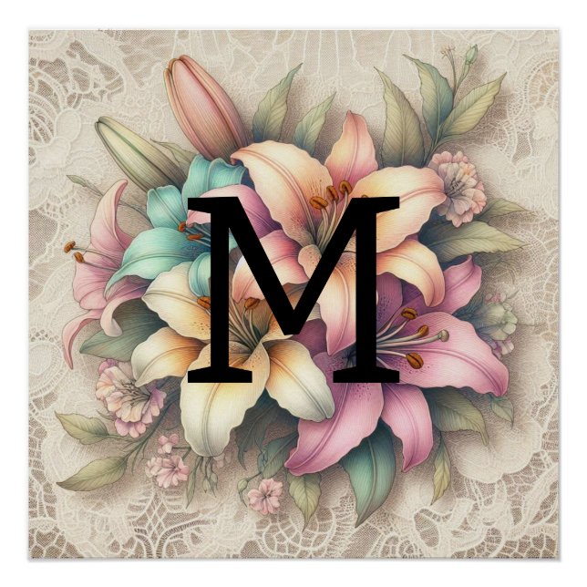 Poster Lace monogramme rose orangé turquoise lys (Devant)