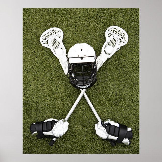 Poster Lacrosse sticks, gloves, balls and sports helmet (Devant)