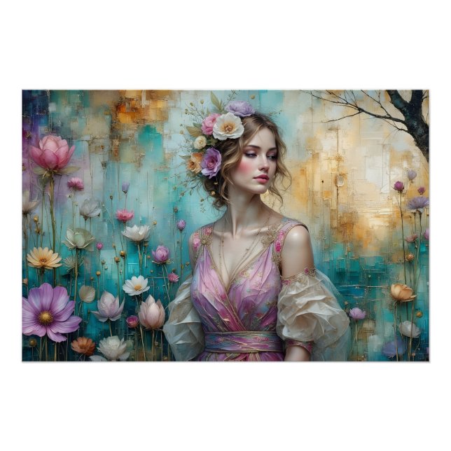 Poster Lady in Pink, textured floral landscape teal gold (Devant)