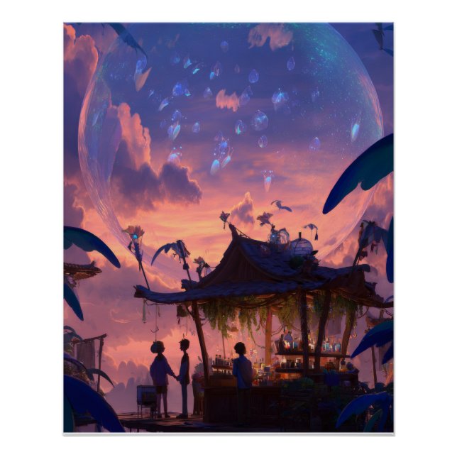 Poster Lantern-Lit Twilight Pavilion Fantasy Scene (Devant)