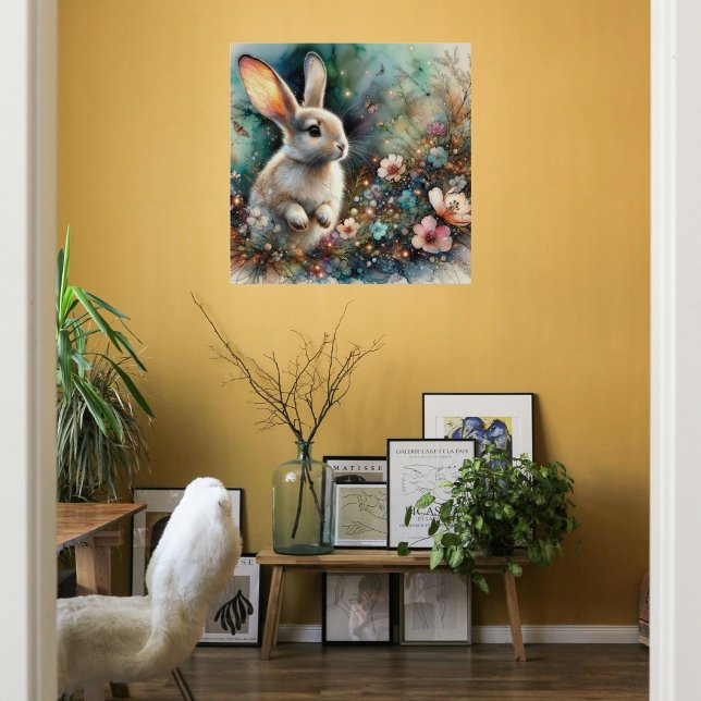 Poster Lapin aquarelle bois fleurs pastel Pâques (Créateur téléchargé)