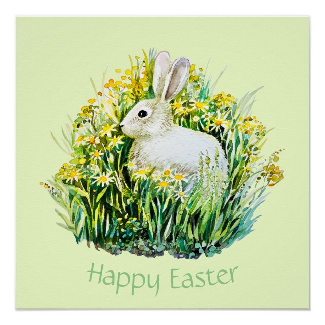 Poster Lapin blanc et fleurs, pâques heureux (Devant)
