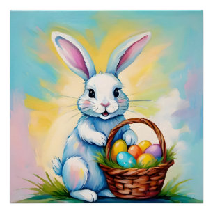Poster Lapin blanc heureux avec panier de Pâques