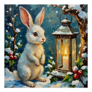 Poster Lapin blanc vintage avec lanterne de Noël