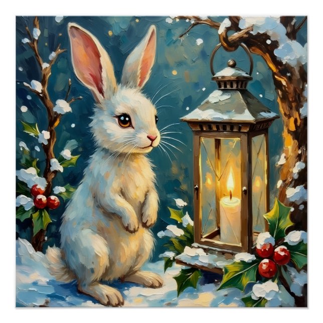 Poster Lapin blanc vintage avec lanterne de Noël (Devant)