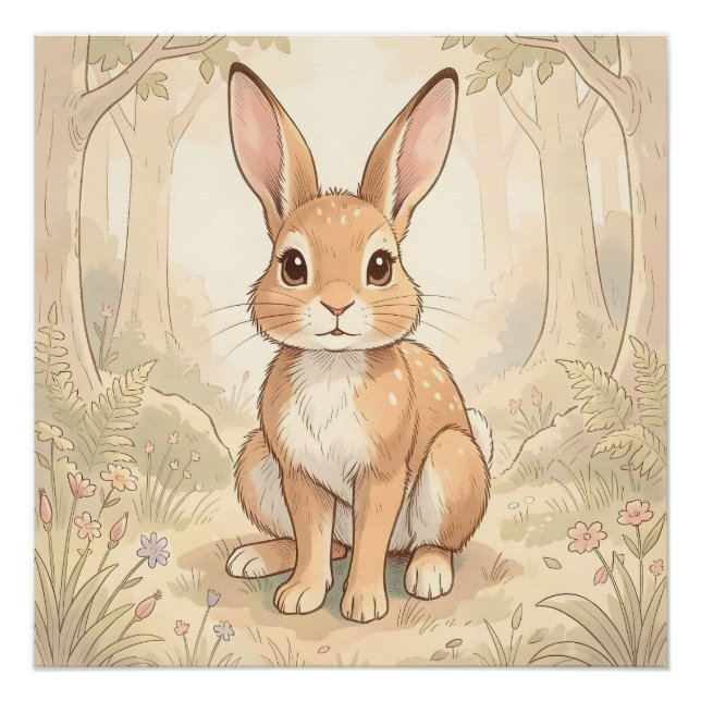 Poster Lapin brun mignon dans une forêt (Devant)