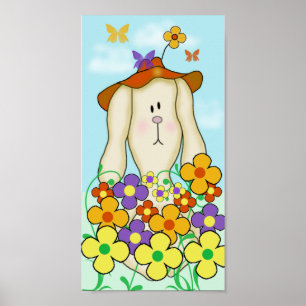 Poster Lapin de dessin animé avec des fleurs