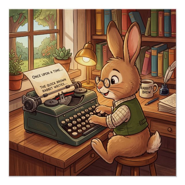 Poster Lapin de dessin animé tapant sur une machine à écr (Devant)