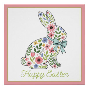 Poster Lapin de Pâques aux fleurs sauvages roses et bleue