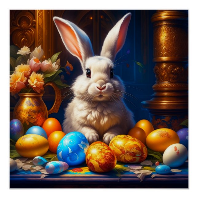 Poster Lapin de Pâques blanc baroque avec des oeufs (Devant)