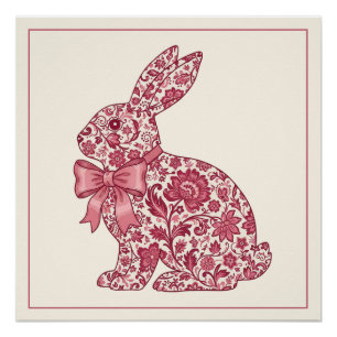 Poster Lapin de Pâques en chinoiserie rose et crème