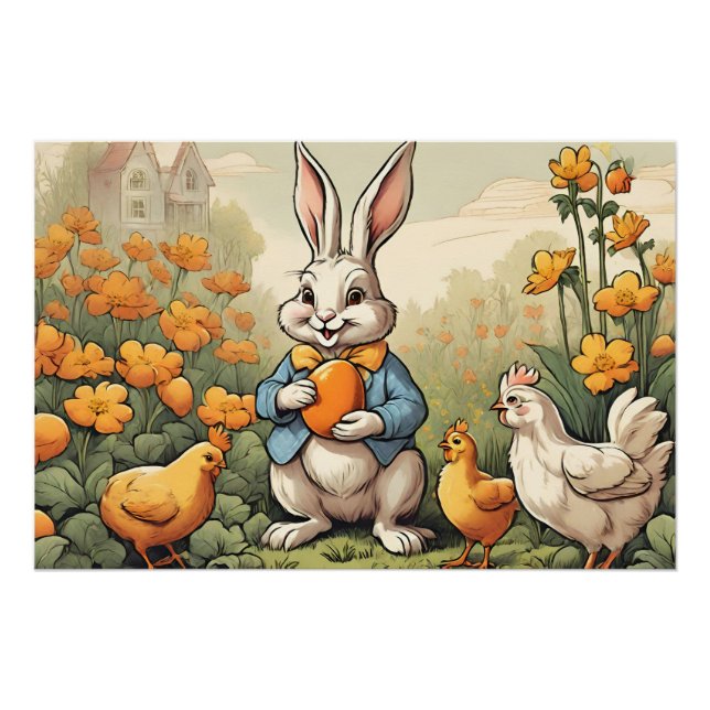 Poster Lapin de Pâques, Illustration Vintage de poulet (Devant)
