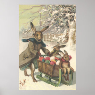 Poster Lapin de Pâques Œuf Peint Coloré Traîneau Neige