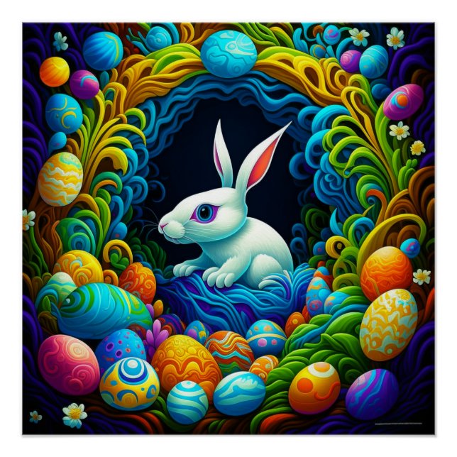 Poster Lapin de Pâques surréaliste avec des oeufs (Devant)