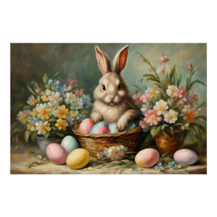 Poster Lapin de Pâques vintage avec oeufs de Pâques et fl