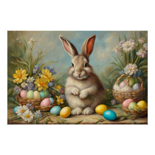 Poster Lapin de Pâques vintage avec Paniers de Pâques, Fl