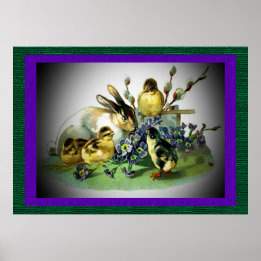 Poster Lapin de Pâques vintage, Bébés poussins & Fleurs, 