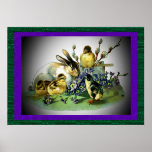 Poster Lapin de Pâques vintage, Bébés poussins & Fleurs,