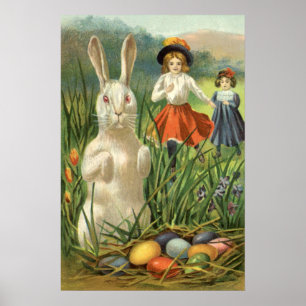 Poster Lapin de Pâques vintage et enfants Joyeuse fête de
