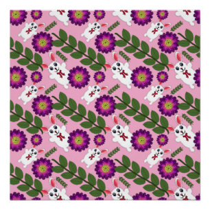 Poster Lapin de printemps Kawaii : Floral maximaliste vio
