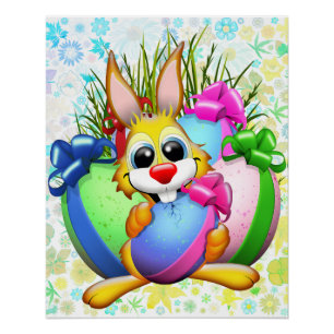 Poster Lapin drôle mordant un œuf de Pâques