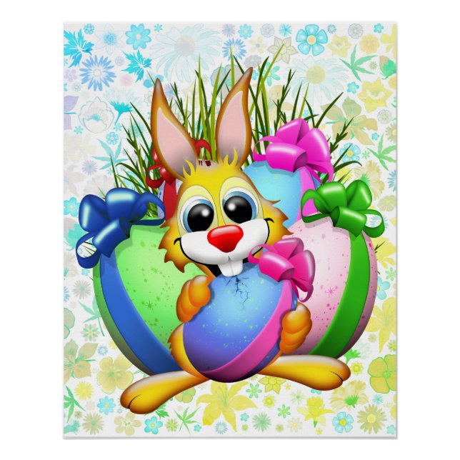 Poster Lapin drôle mordant un œuf de Pâques (Devant)