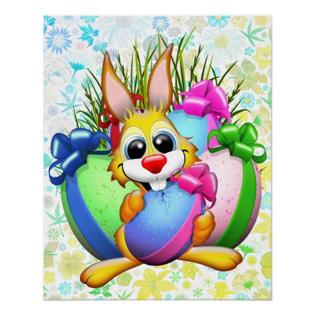 Poster Lapin drôle mordant un œuf de Pâques (Devant)