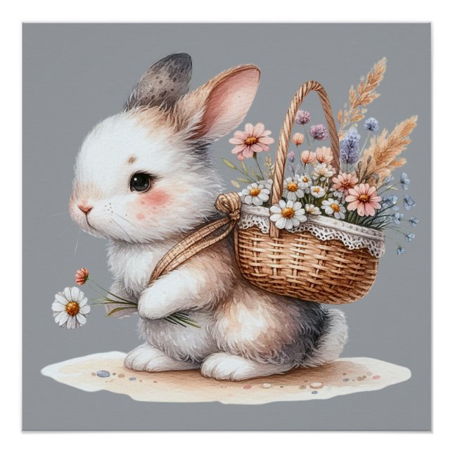 Poster Lapin mignon avec fleurs Art aquarelle (Devant)