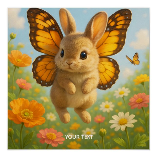 Poster Lapin mignon fantaisie fleurs ailes (Devant)