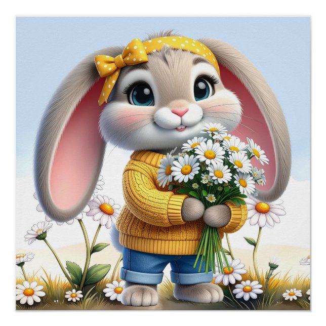 Poster Lapin oreilles roses marguerites blanches (Devant)
